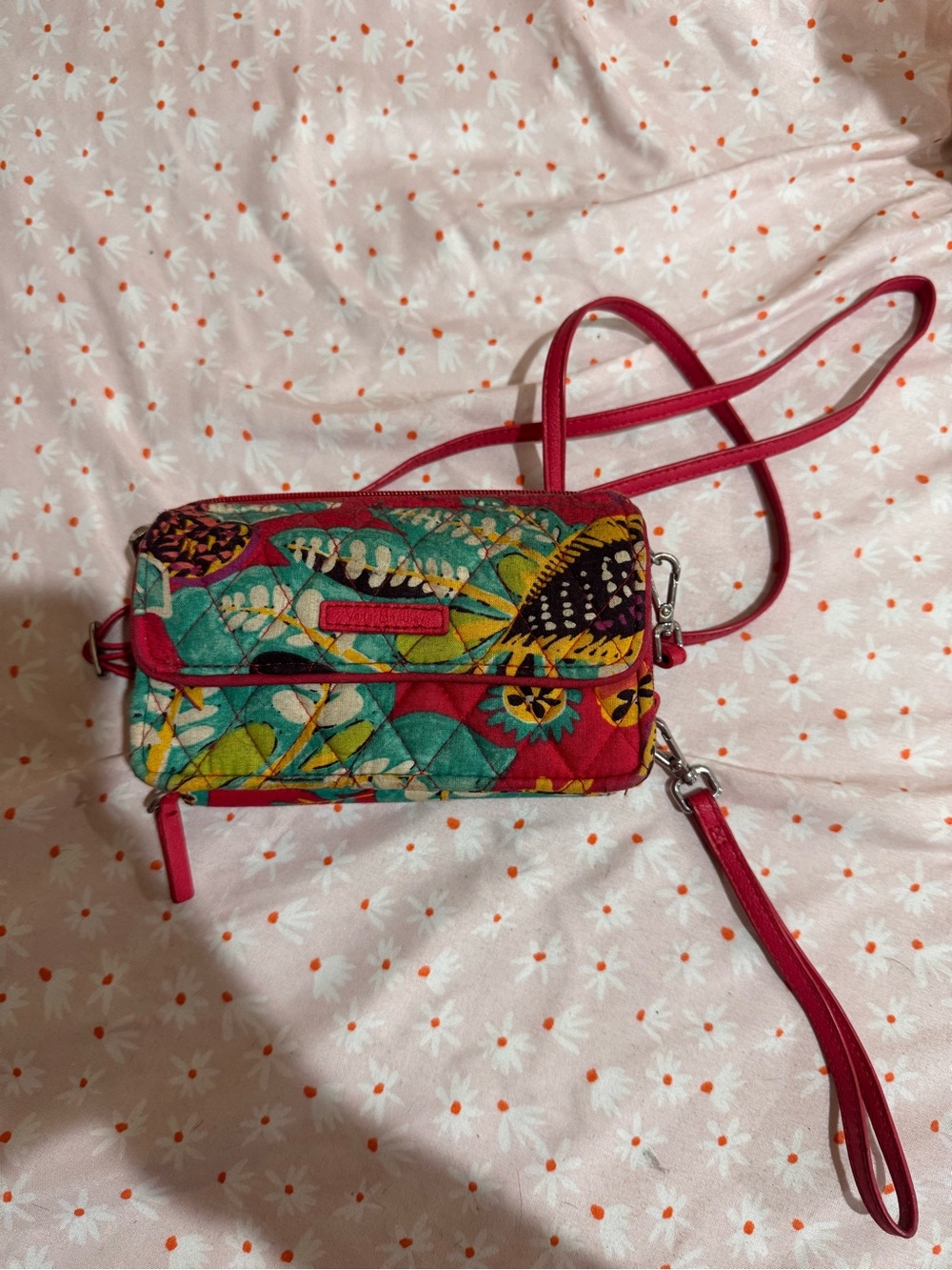 Vera Bradley Quilted Floral Crossbody Wristlet in Teal & Red